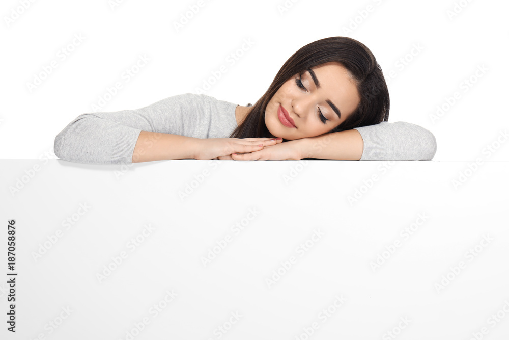 Young woman with blank advertising board on white background Young woman with blank advertising board on white background