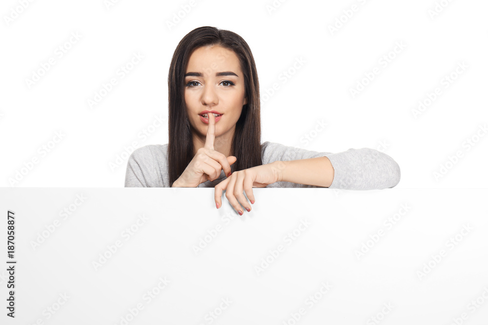 Young woman with blank advertising board on white background Young woman with blank advertising board on white background