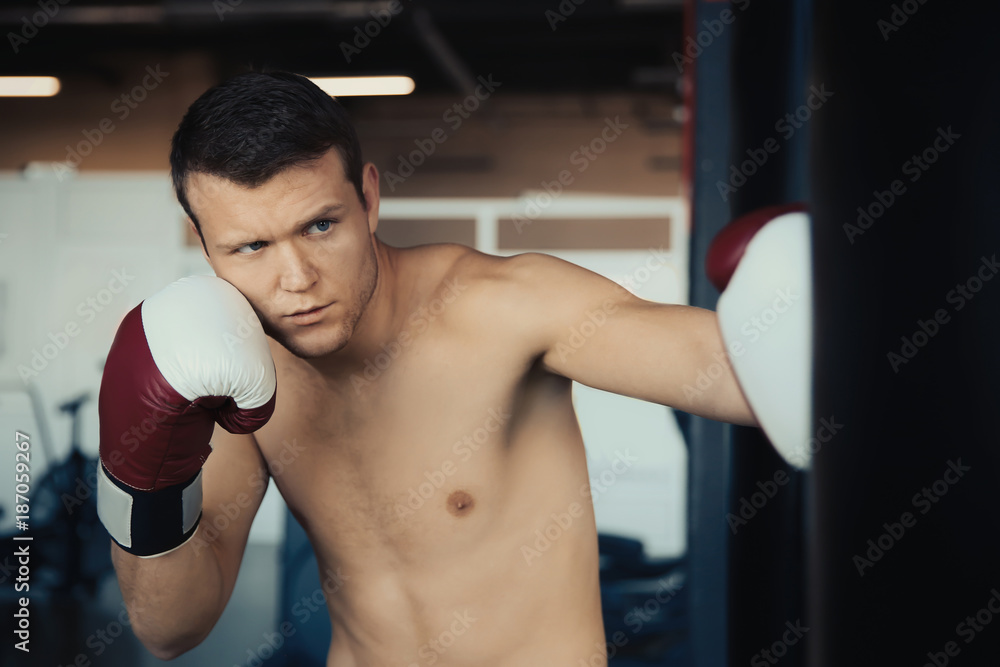 Boxer training with punchbag in gym