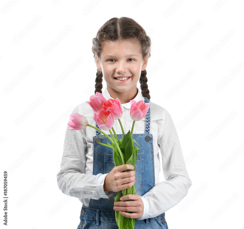 Cute little girl with tulip bouquet for Mother's day on white background Cute little girl with tulip bouquet for Mother's day on white background