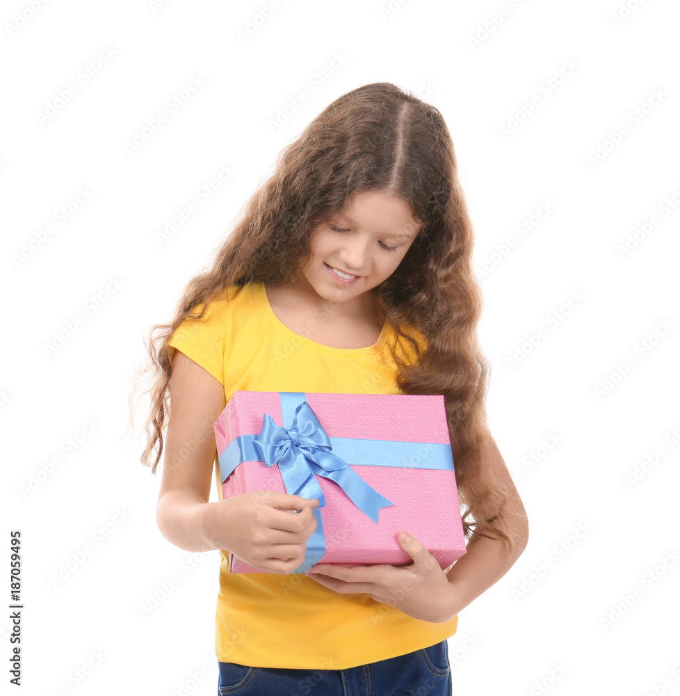 Cute little girl with gift box for Mother's day on white background Cute little girl with gift box for Mother's day on white background