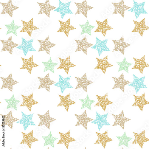 Seamless vector pattern with hand-drawn and texture colorful foil stars, abstraction illustration on white background.