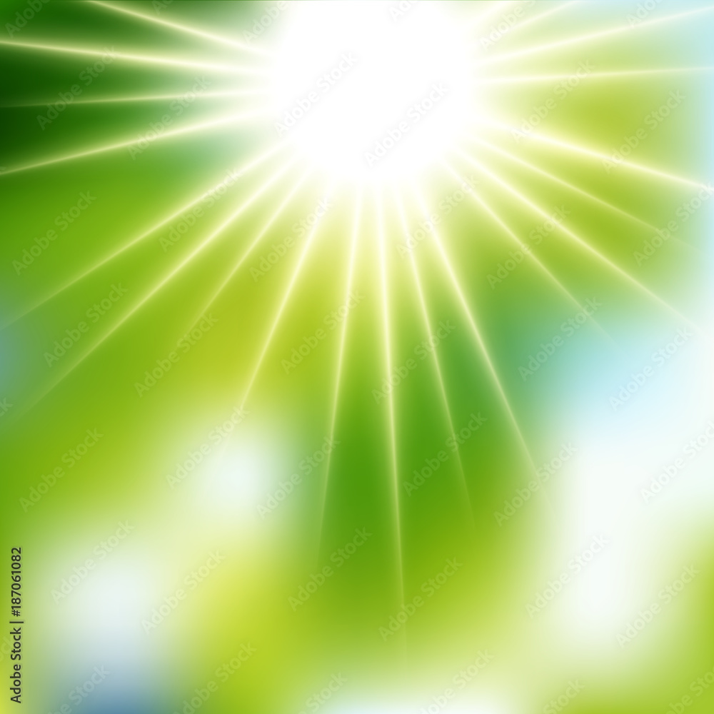 Fototapeta premium Summer Green Sunshine Soft Focus Burst - Vector Blurred Radiant Sun Rays 