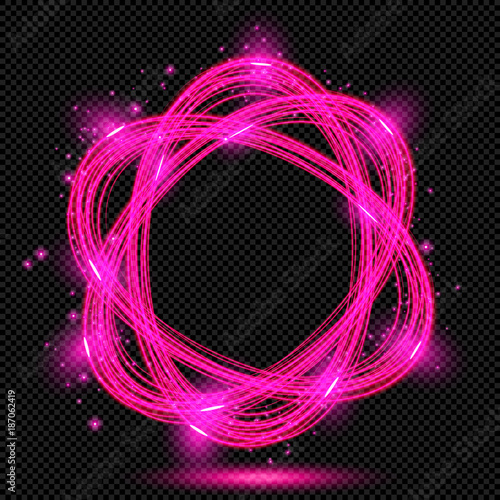 Pink shining Atomic Symbol with Sparks on Transparent Background  - Vector Glowing Neon Ravel
