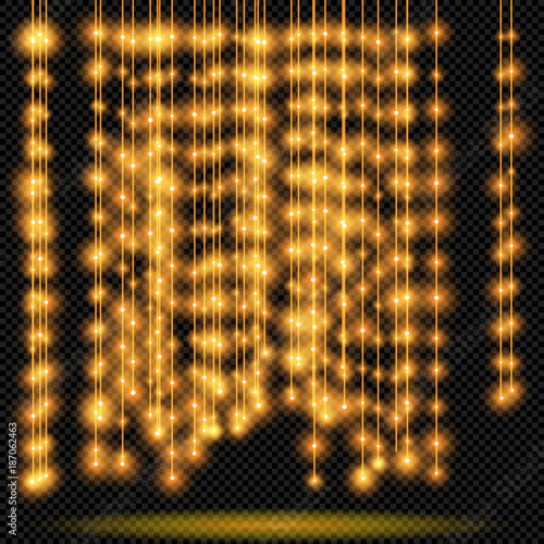 Yellow Shine Flare Flash Star Rain LED Strip Garlands  on Transparent Background  - Vector Radiant Starfall Decoration
