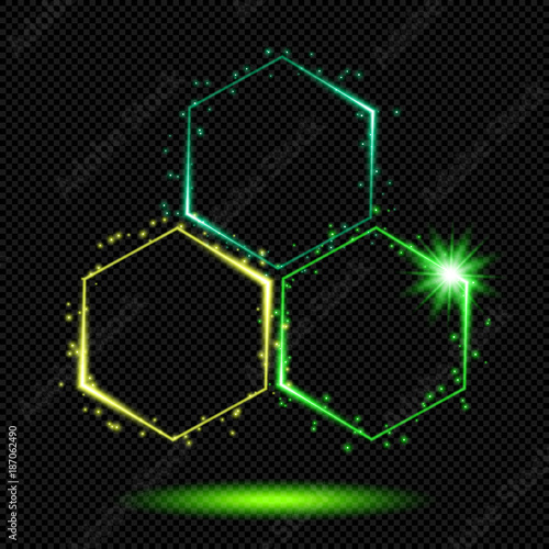 Green Shining Honeycombs Circle Logo Sign with Sparks on Transparent Background  - Vector Glowing Neon Hexagon Cellular Structure
