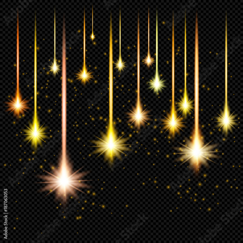 Yellow Shine Flare Flash Star Rain with Sparks on Transparent Background - Vector Radiant Starfall 