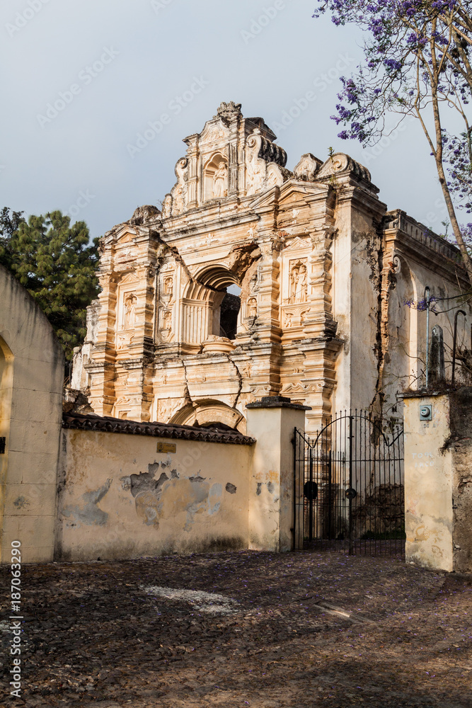 Ruins of Santa Rosa church in Antigua Guatemala town, Guatemala.