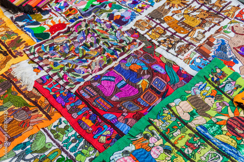 SANTIAGO ATITLAN  GUATEMALA - MARCH 23  2016  Traditional local textiles at a market in Santiago Atitlan village.