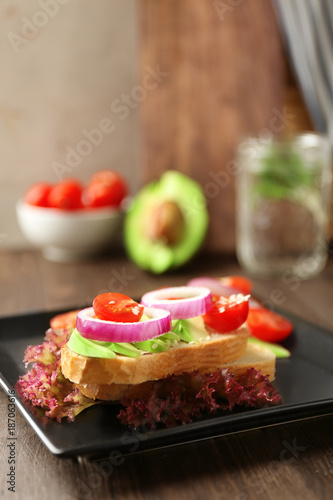 Delicious sandwich on plate, closeup