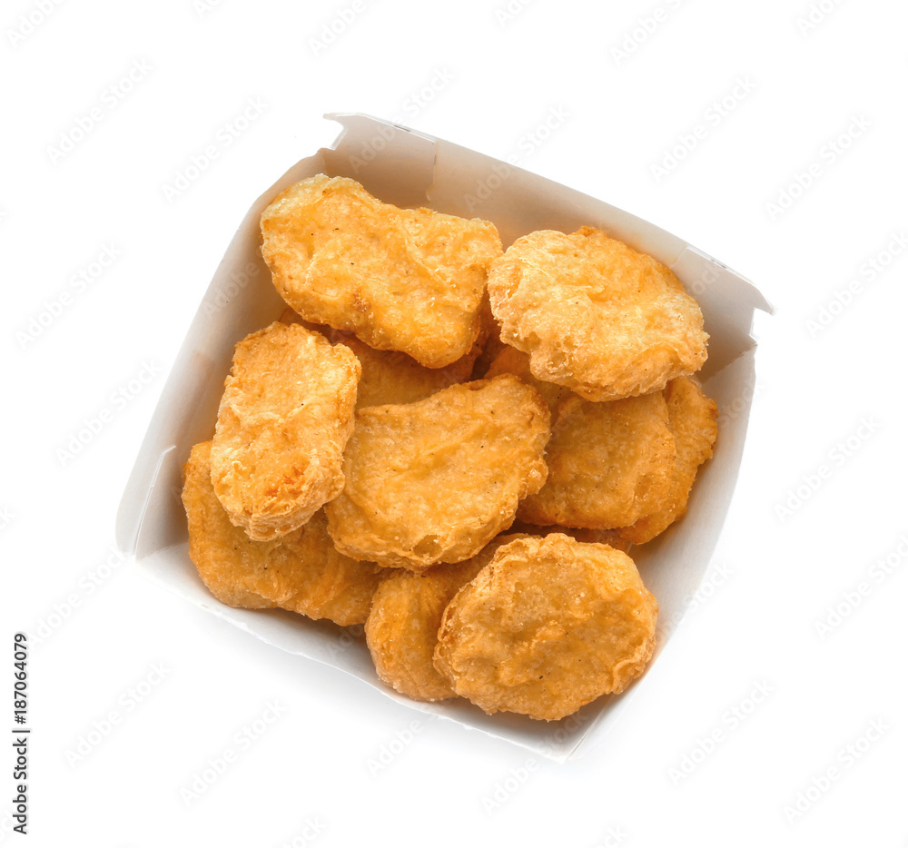 Box with tasty chicken nuggets on white background Box with tasty chicken nuggets on white background