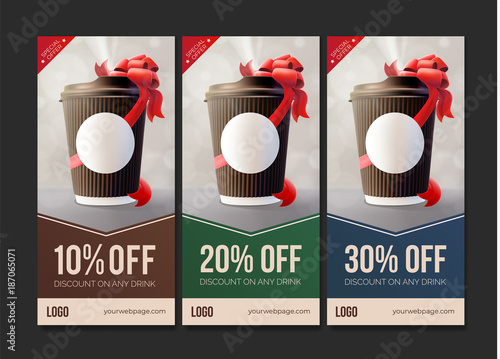 Coffee to Go Discount Vouchers. Coffee Ripple Cup with a Red Ribbon.