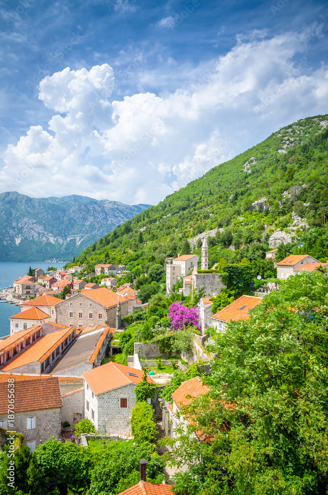 beautiful mediterranean landscape. Mountains near town Perast, Kotor bay (Boka Kotorska), Montenegro.