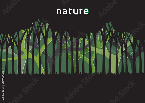 Eco and nature template design with green trees in paper art style.Vector illustration