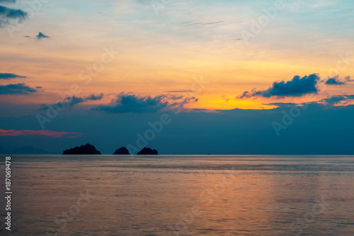 Spectacular sunset over sea lagoon and islands in the summer