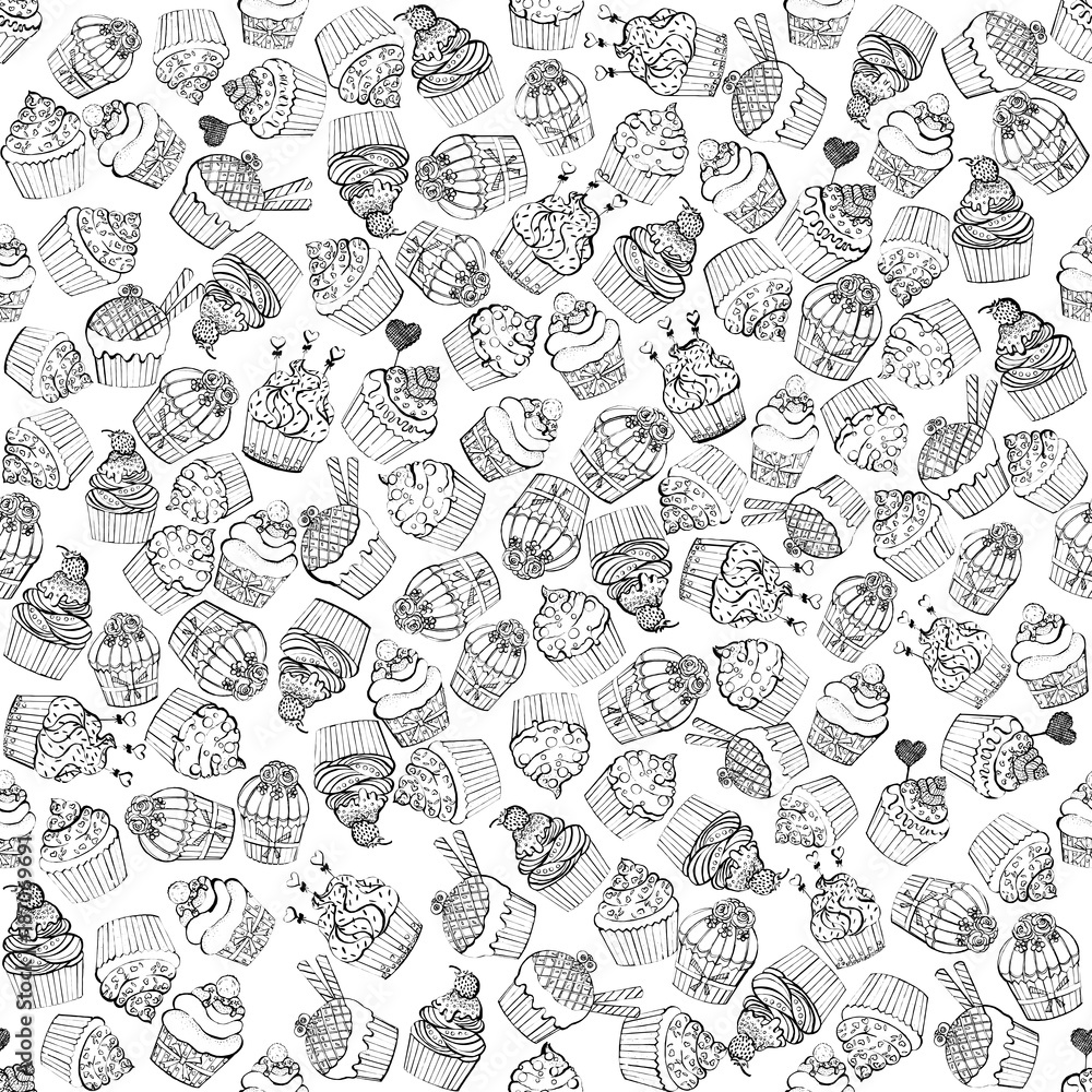 Seamless pattern of hand drawn sketch style cupcakes. Vector illustration. Seamless pattern of hand drawn sketch style cupcakes. Vector illustration.