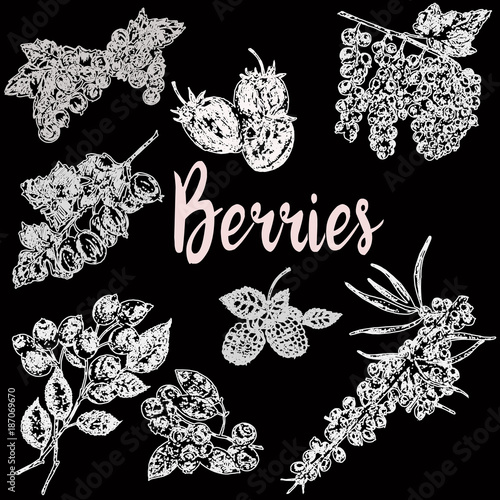 Hand drawn sketch style set of different kinds of berries. Vector illustration isolated on black background.