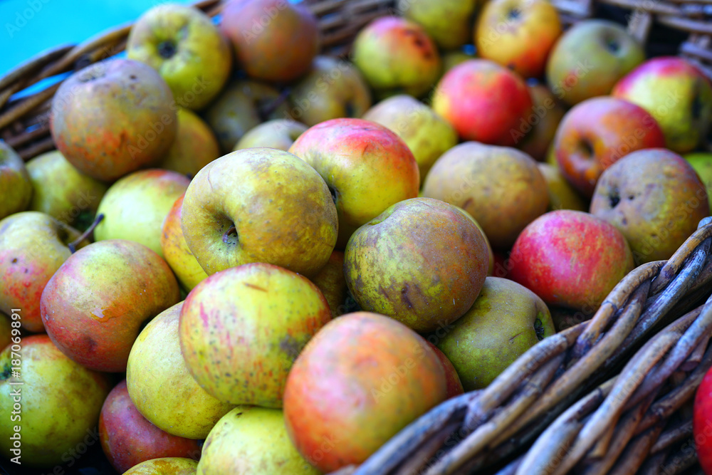 Crates of fresh heirloom apples at a French farmers market Crates of fresh heirloom apples at a French farmers market