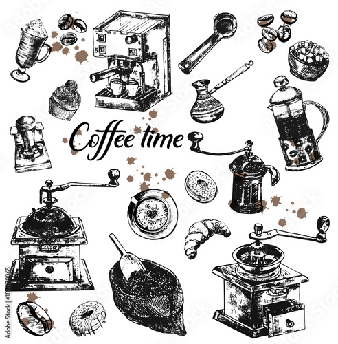Hand drawn sketch set of coffee themed objects. Vector illustration isolated on white background.
