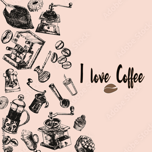 Hand drawn sketch set of coffee themed objects. Isolated vector illustration.