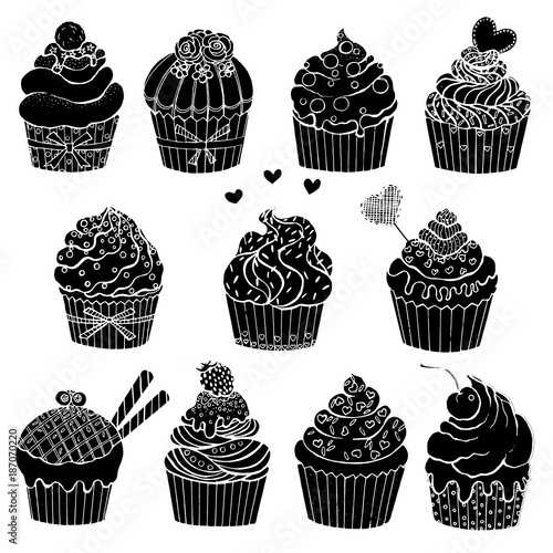 Hand drawn sketch set of cupcakes. Vector illustration isolated on white background.