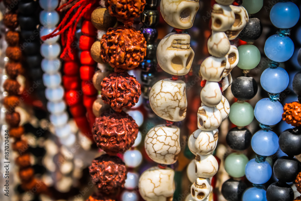closeup of colored jewelry from the beach in southern India