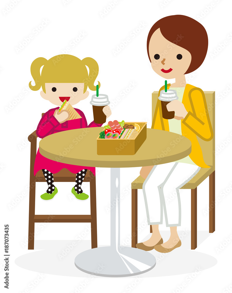 Cartoon Mother and Daughter have a lunch with a cafe table Stock Vector