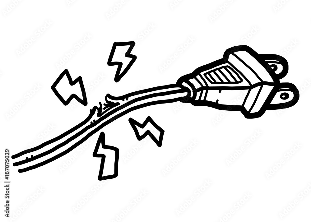 damaged plug cable / cartoon vector and illustration, black and white, hand drawn, sketch style, isolated on white background. damaged plug cable / cartoon vector and illustration, black and white, hand drawn, sketch style, isolated on white background.