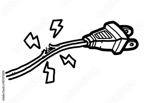 damaged plug cable / cartoon vector and illustration, black and white, hand drawn, sketch style, isolated on white background.