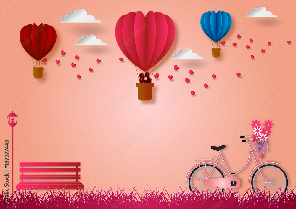 Fototapeta Paper art style of balloons shape of heart flying with bicycle and pink background, vector illustration, valentine's day concept