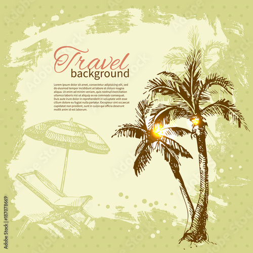 Travel hand drawn vintage tropical design. Splash blob retro background