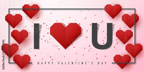 Happy valentine's day and love vector card and poster design with origami heart and confetti.Illustration eps10.
