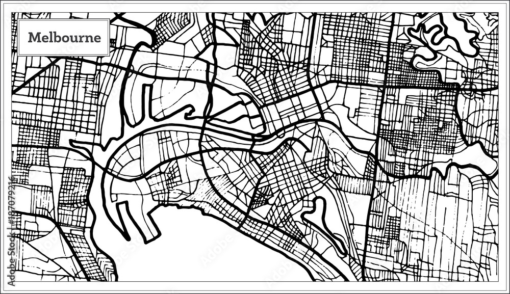 Melbourne Australia Map in Black and White Color.