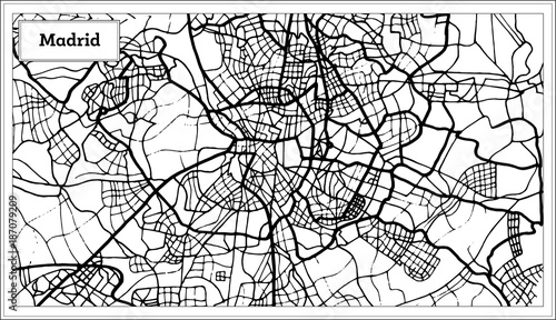 Photography Madrid Spain Map in Black and White Color.