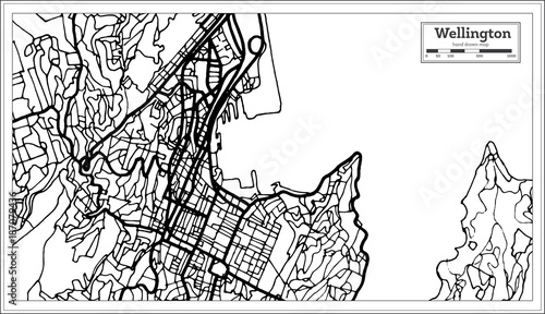 Canvas Print Wellington New Zealand City Map in Black and White Color.