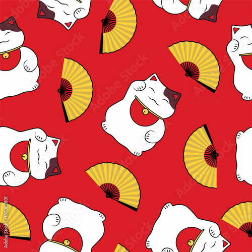 seamless pattern of a traditional cute luck symbol of a cat maneki neko and an open fan on a red background