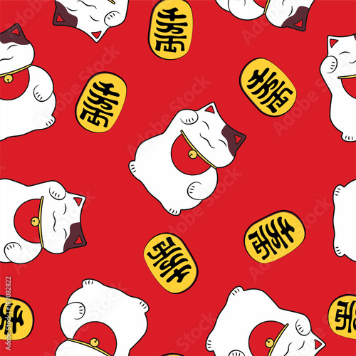 seamless pattern of a traditional symbol luck cat maneki neko and happy coin on a red background