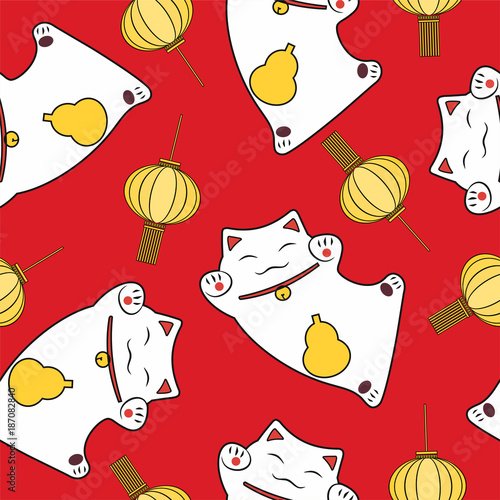 symbol luck seamless pattern cute maneki neko and festive lantern on a red background