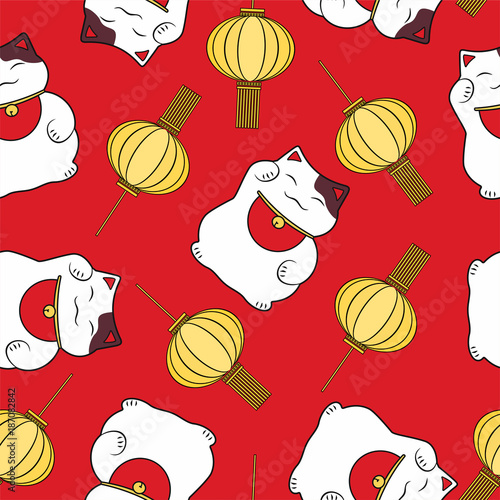 seamless pattern symbol luck cute maneki neko and festive lantern on a red background