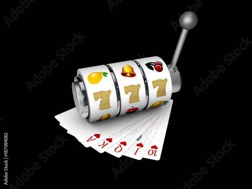 Slot machine with lucky sevens jackpot with play cards, 3d Illustration isolated black photo