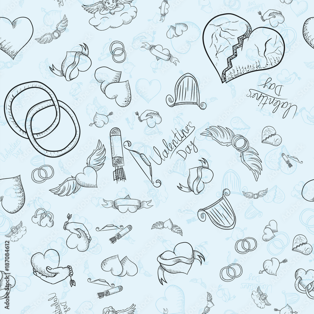 seamless pattern illustration of the symbols of the holiday Valentines Day blue background