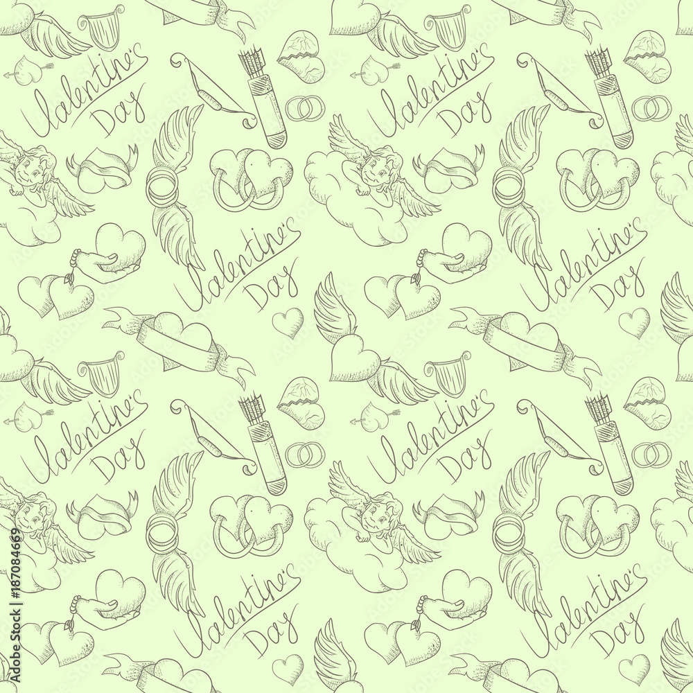 seamless pattern illustration of the symbols of the holiday Valentines Day green background
