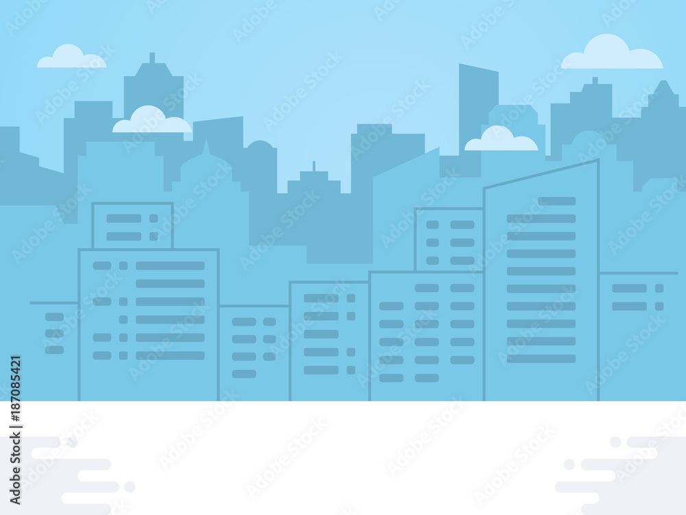 City skyline vector illustration. Blue city silhouette. Flat line vector illustration of modern city background