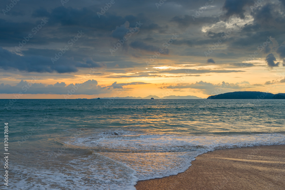 tiring blue clouds over the sea at sunset in Thailand, beautiful seascape