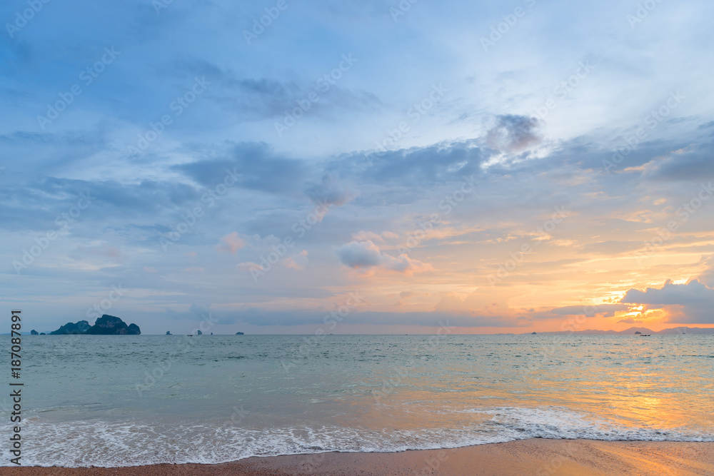 beautiful orange sunset in the lower right corner of the frame, Thailand's sea landscape