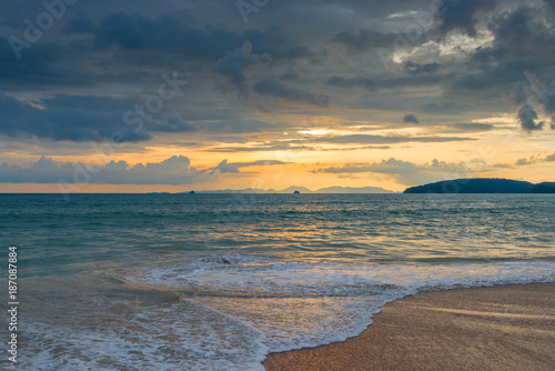 tiring blue clouds over the sea at sunset in Thailand, beautiful seascape