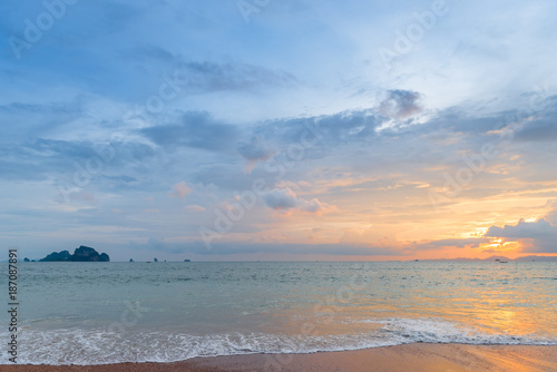 beautiful orange sunset in the lower right corner of the frame  Thailand s sea landscape