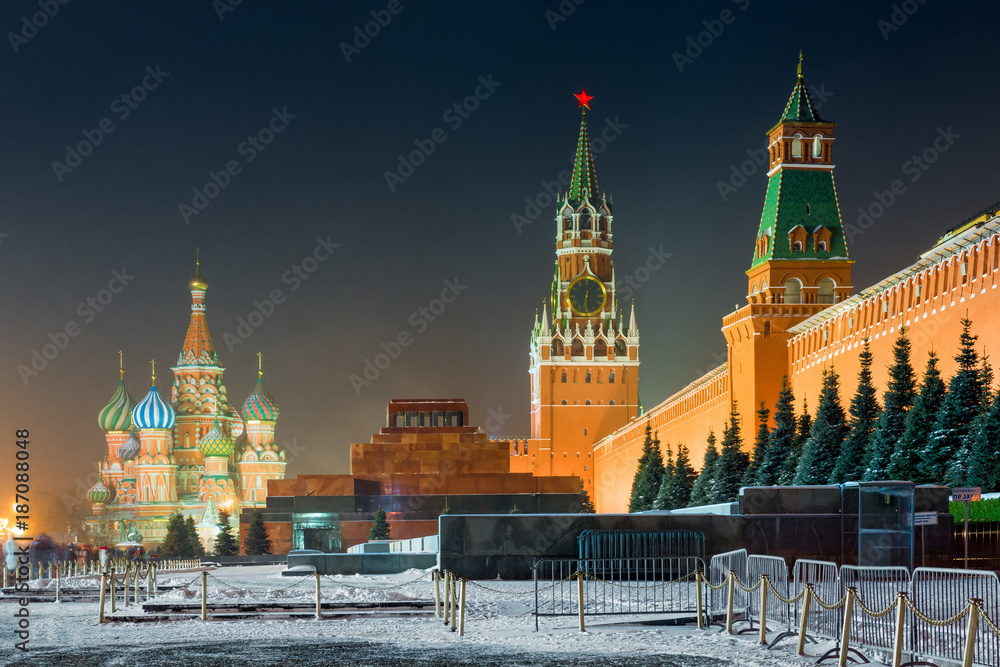 Moscow, Russia - night shot of Red Square - view of the Kremlin, St. Basil's Cathedral and Lenin's Mausoleum Moscow, Russia - night shot of Red Square - view of the Kremlin, St. Basil's Cathedral and Lenin's Mausoleum