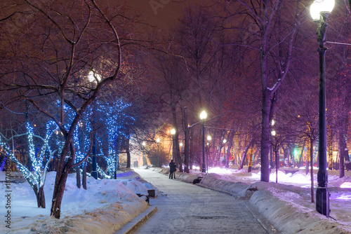 beautiful city park in winter in the center of the city with decorations decorated for the holiday