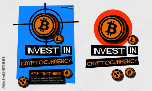 Invest in Cryptocurrency Poster with Bitcoin, Ethereum, Litecoin, and Ripple Coins